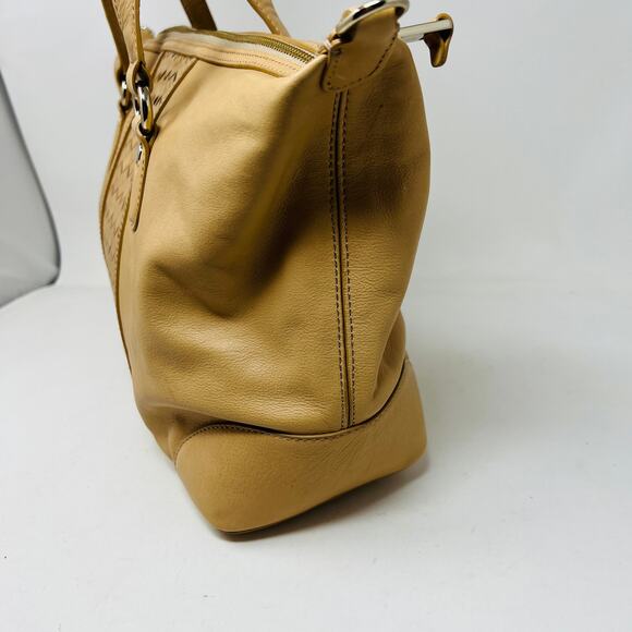 Cole Haan Smooth Leather Basket Weave Shoulder Bag Satchel Tan Gold - Picture 6 of 9